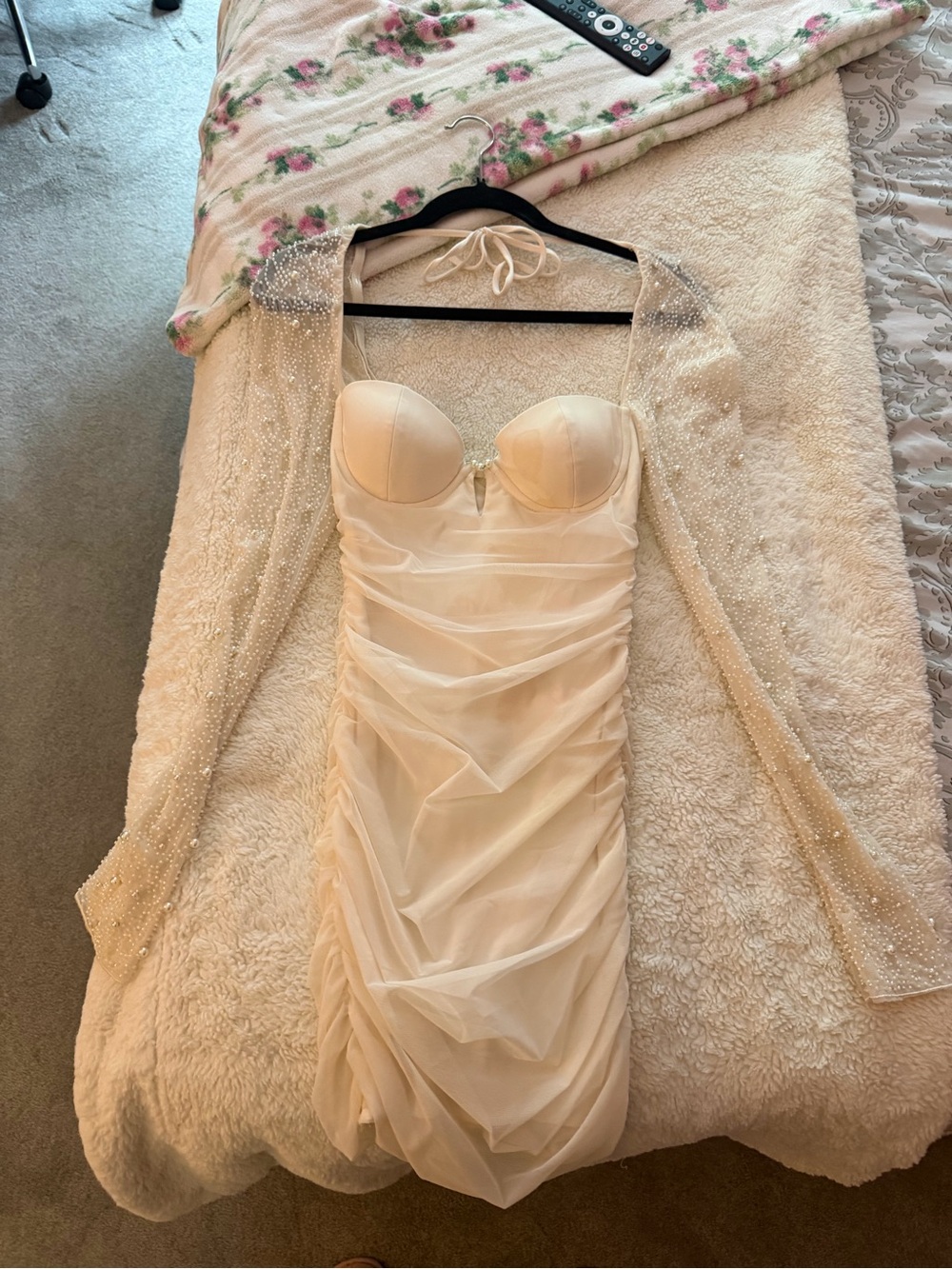 Oh Polly Strapless Cream Ruched Tulle Cocktail Dress with Beaded Bolero